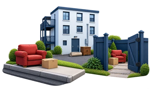 Outdoor pickup locations: curbside, behind an apartment building and a backyard through an open gate.