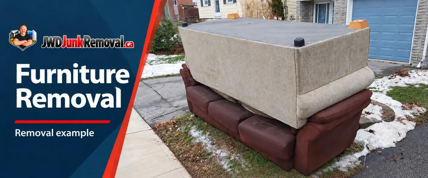 Furniture removal example showing stacked upholstered sofas outside a home.