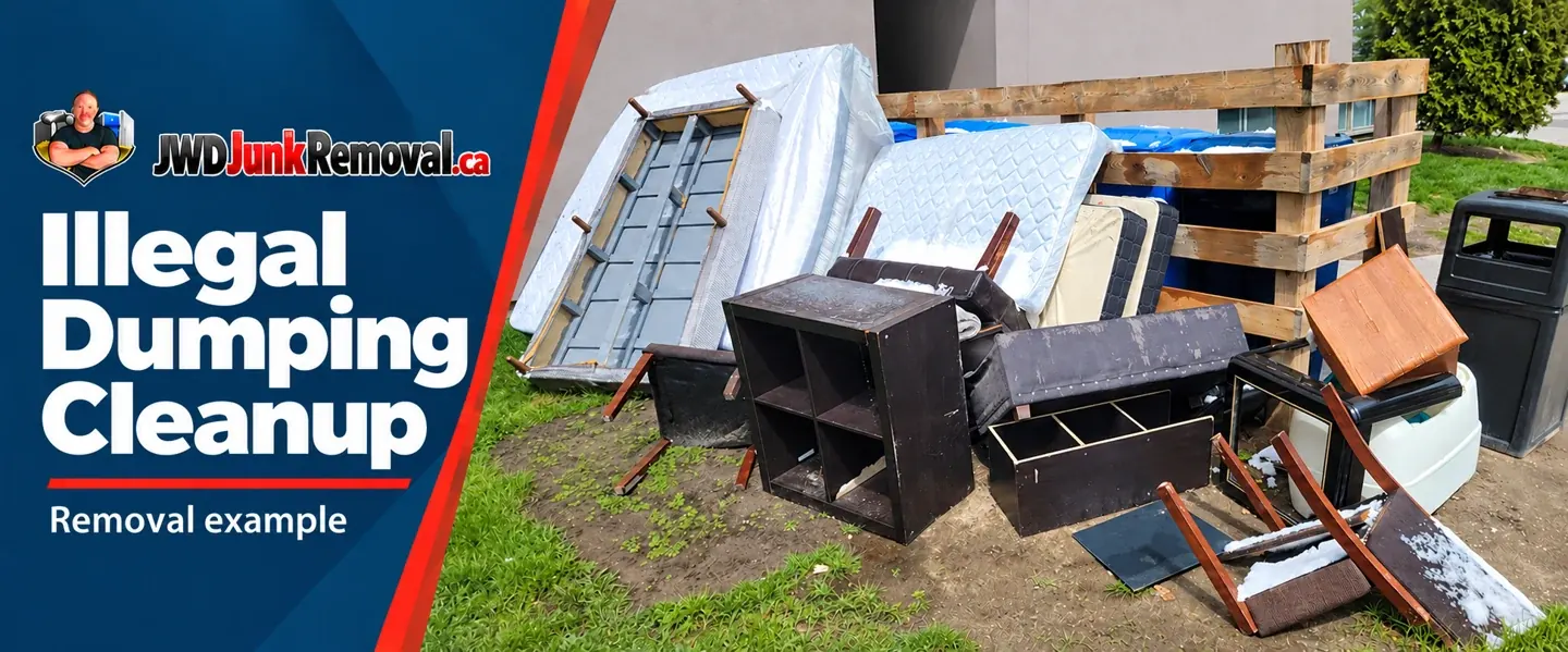 Illegal dumping cleanup service example showing discarded mattresses and broken furniture beside a waste enclosure.