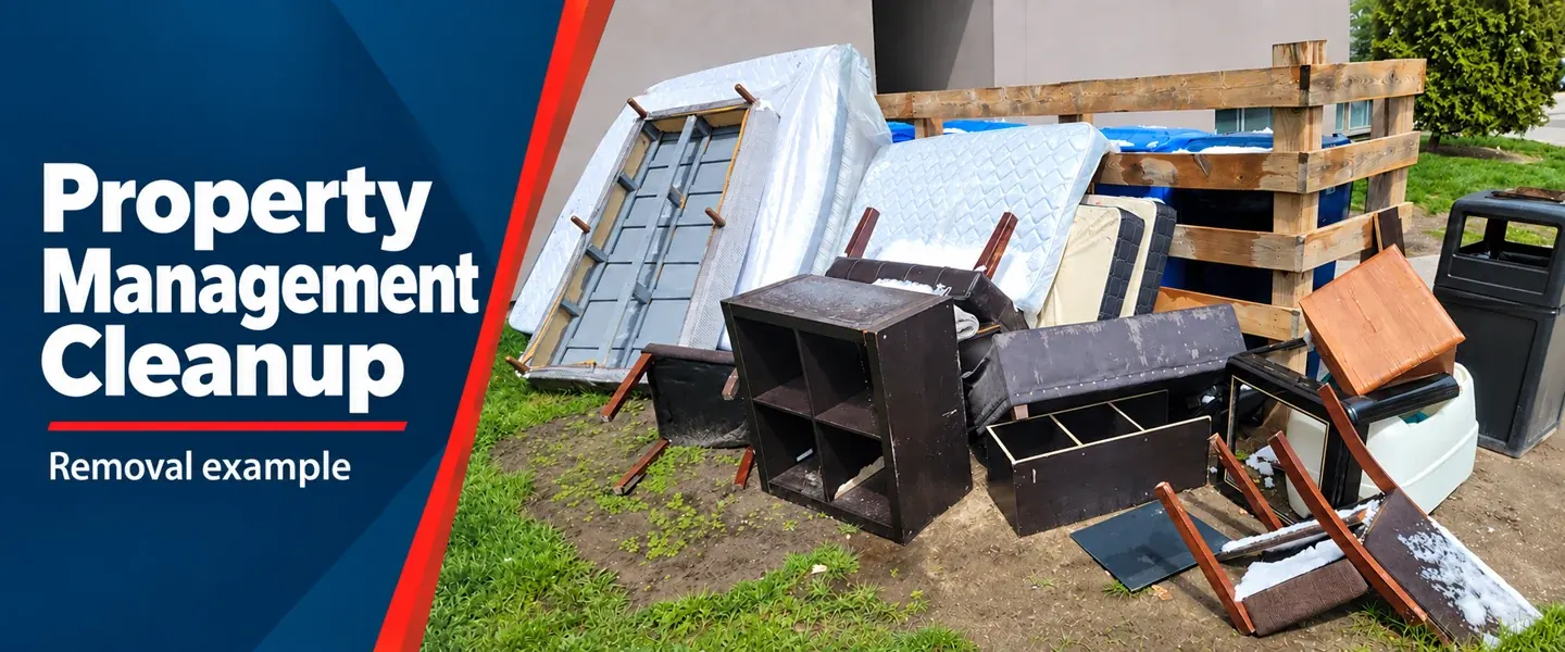 Property management cleanup example showing mattresses and discarded furniture beside a waste enclosure.