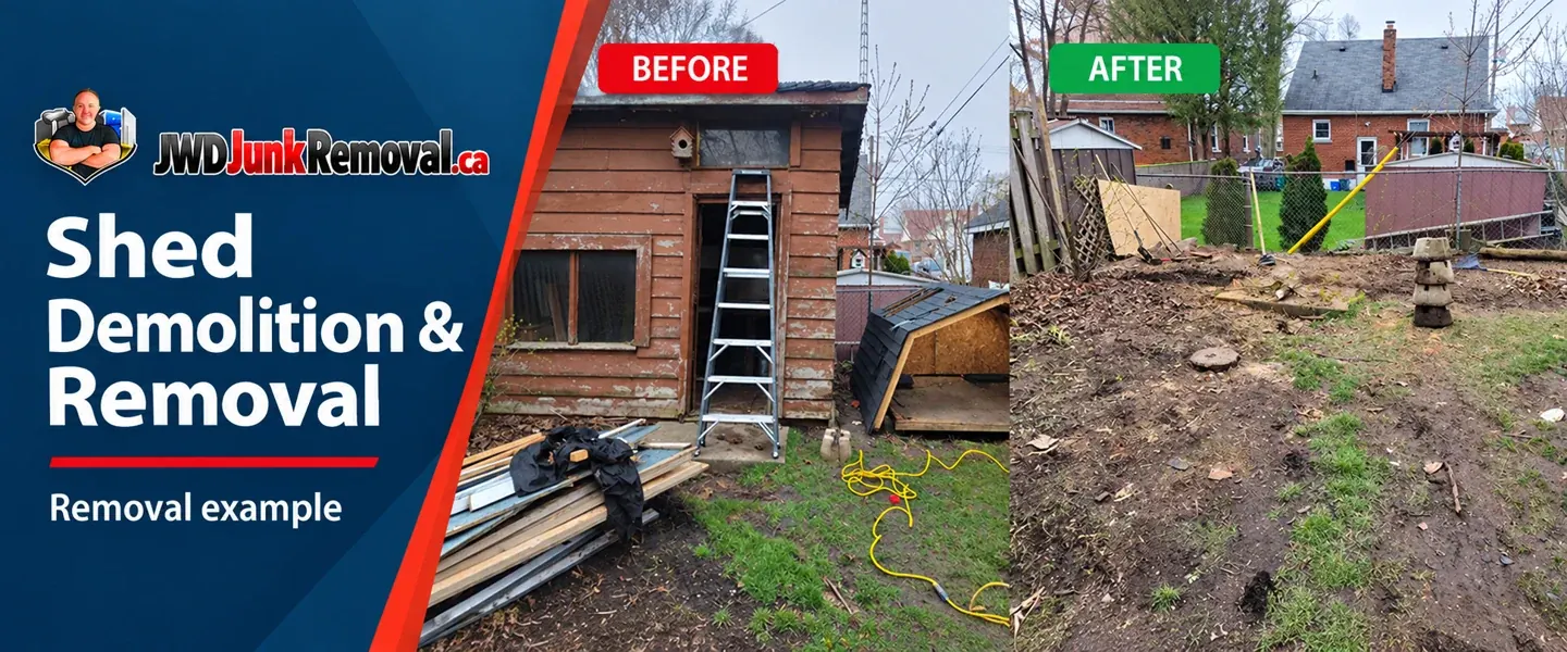 Shed demolition and removal before and after, showing a wooden shed with a ladder and the site after removal.