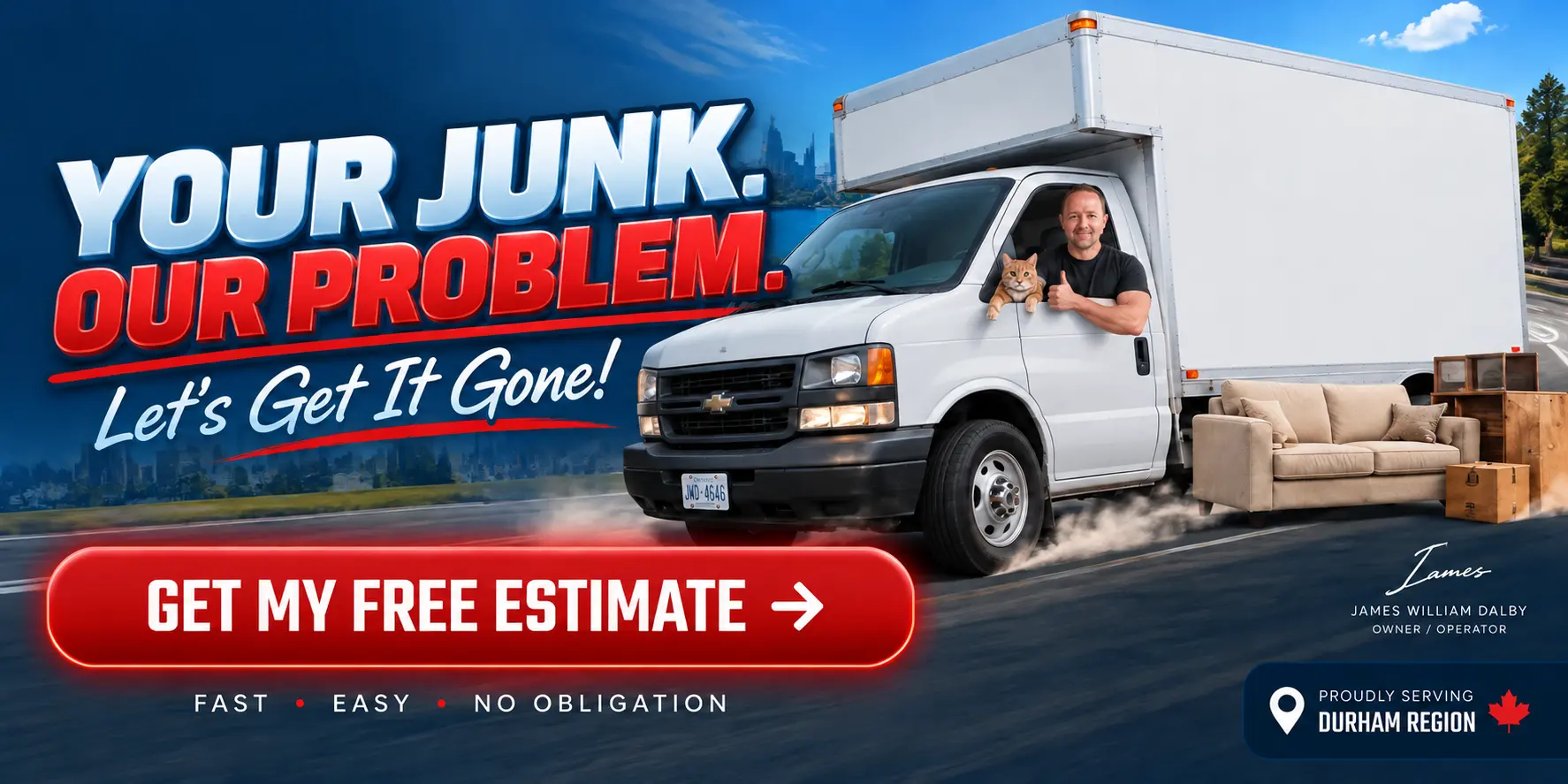 James and the ginger cat in an unbranded white box truck, ready to help