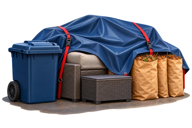 Outdoor items protected by a blue tarp and red straps, with yard bags and a closed waste container
